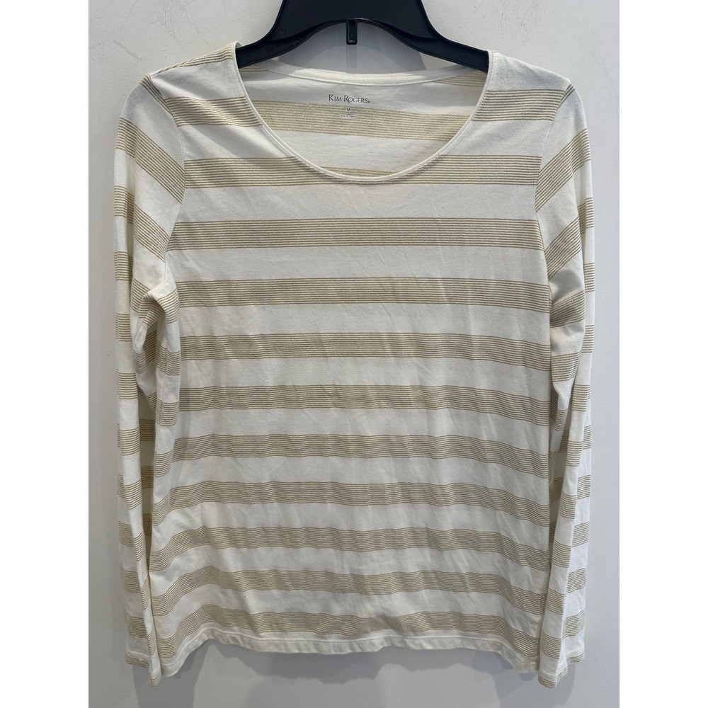 Kim Rogers Womens Medium White Gold Metallic Striped Long Sleeve Crew Neck Top